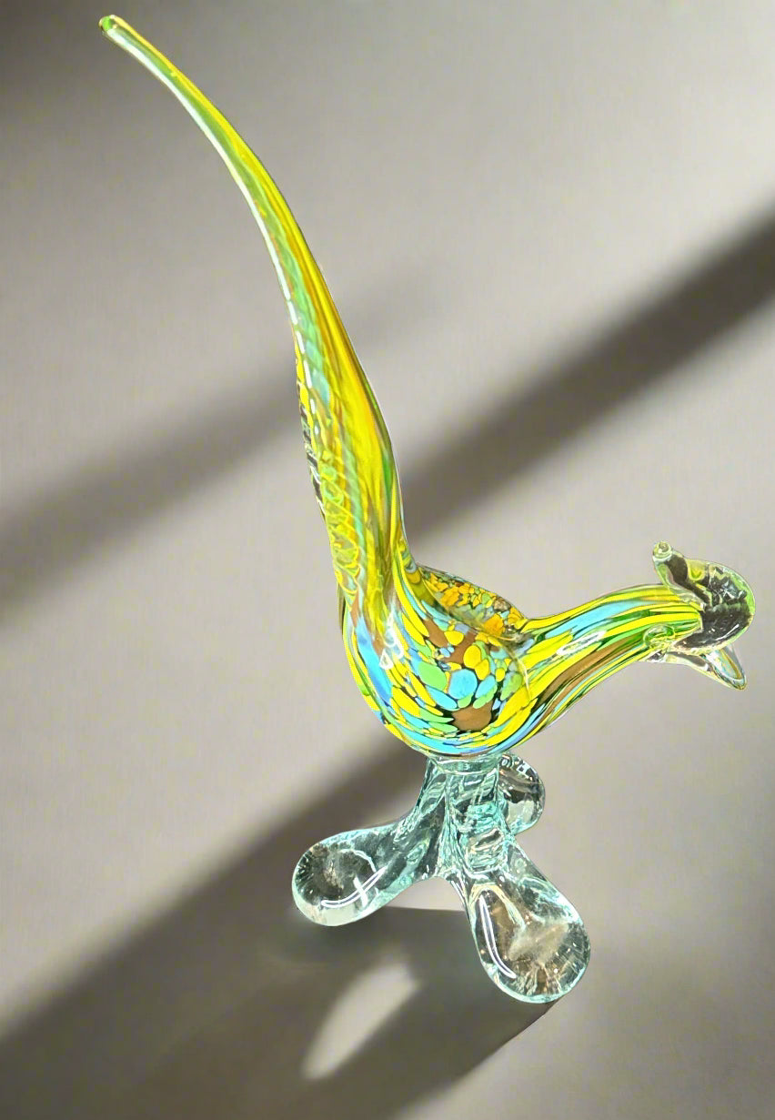 50s 14" Murano Style Blue and Yellow Glass Roadrunner Pheasant Rooster Bird Figurine Base