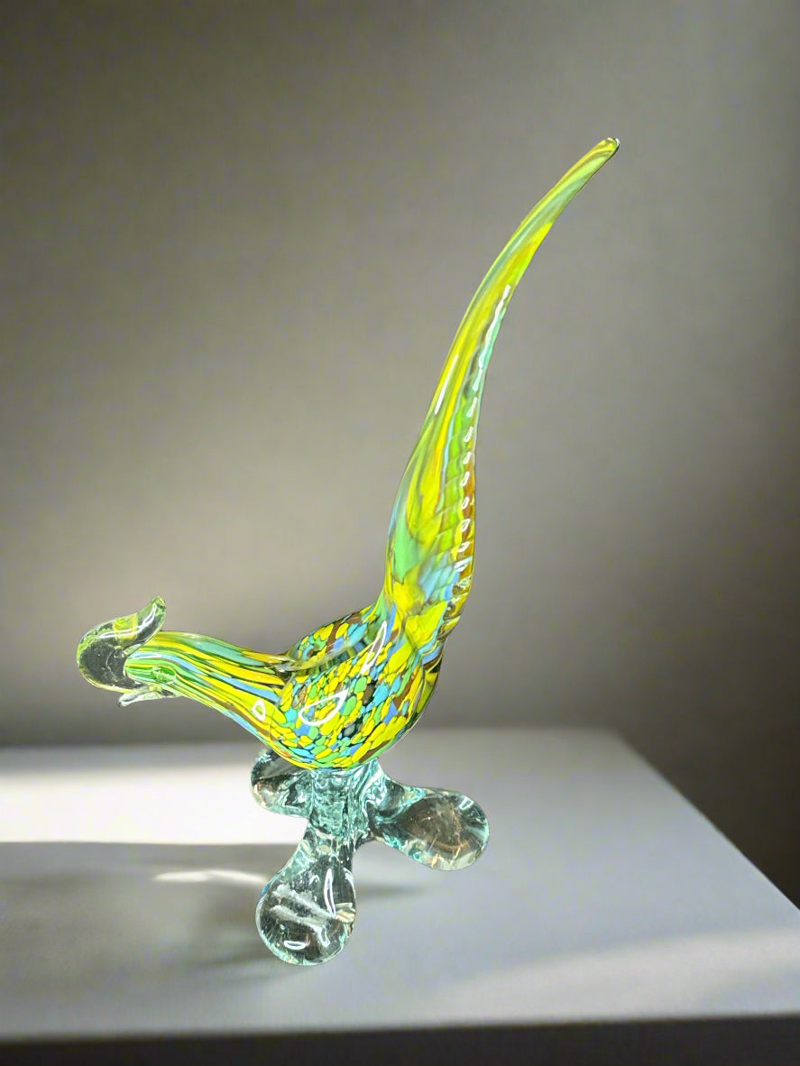 50s 14" Murano Style Blue and Yellow Glass Roadrunner Pheasant Rooster Bird Figurine Base