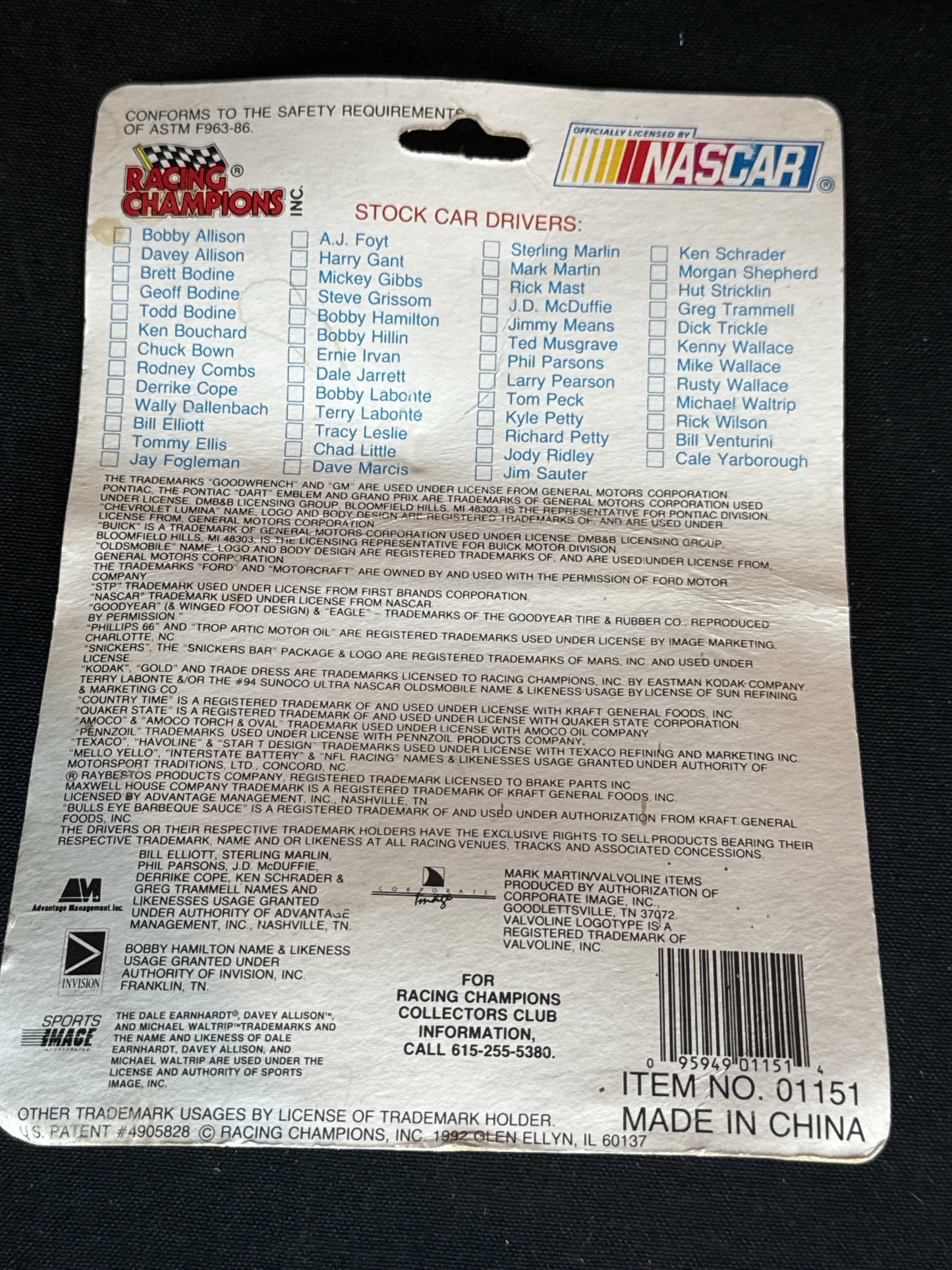 NASCAR 1992 Racing Champions Stockcar #92 "The Rock" with Stand and Collector's Card