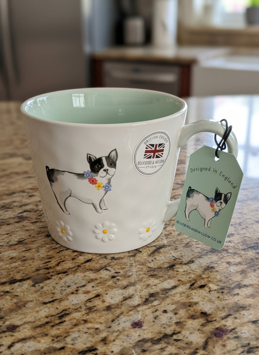 Bluebird and Willow Studio Mug Boston Terrier Dog 3D Daisies British Design NWT