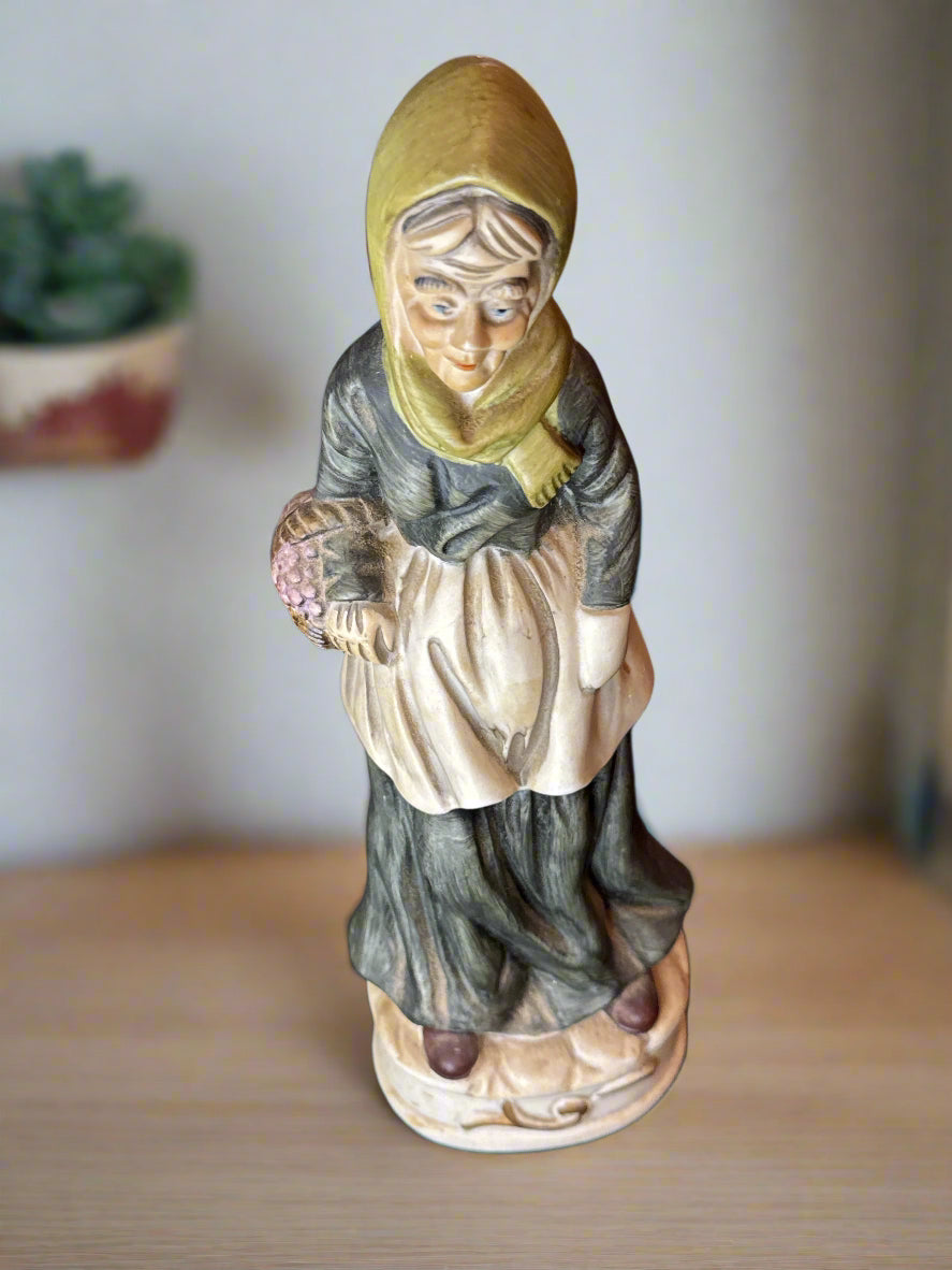 12.5" Vintage Ceramic Figurine Lady Carrying Her Basket and Apron Green Scarf