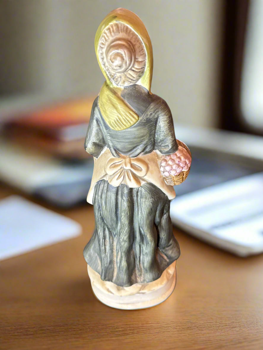 12.5" Vintage Ceramic Figurine Lady Carrying Her Basket and Apron Green Scarf