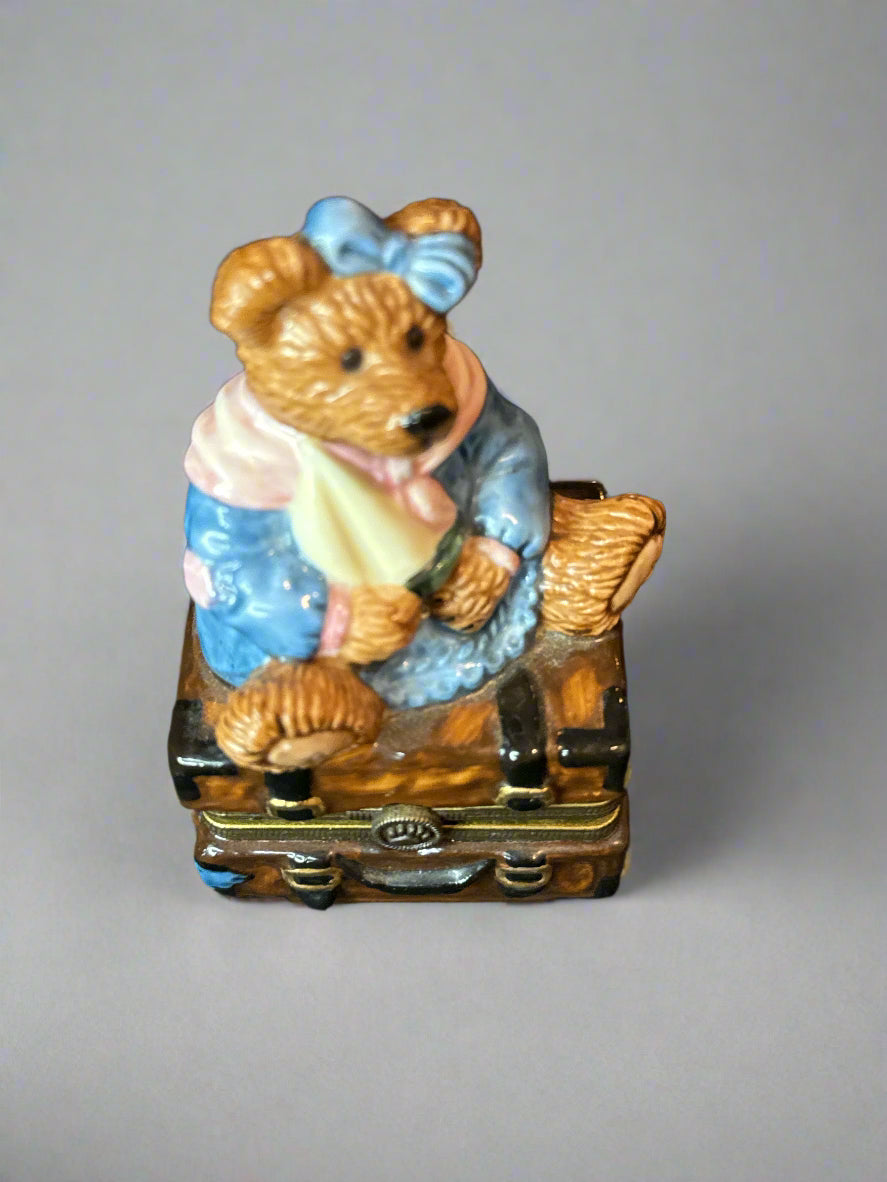 Boyds Bear Keepsake Trinket Box Bearware Pottery Bear on Trunk Suitcase w/ Small Bear
