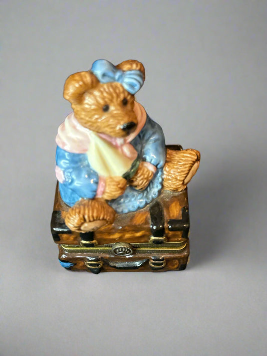 Boyds Bear Keepsake Trinket Box Bearware Pottery Bear on Trunk Suitcase w/ Small Bear