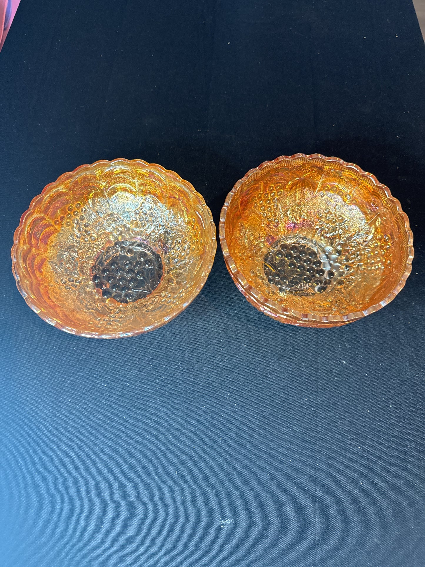 Pair Vintage Marigold Carnival Glass Bowls 7" Imperial Glass Co. Grape Pattern