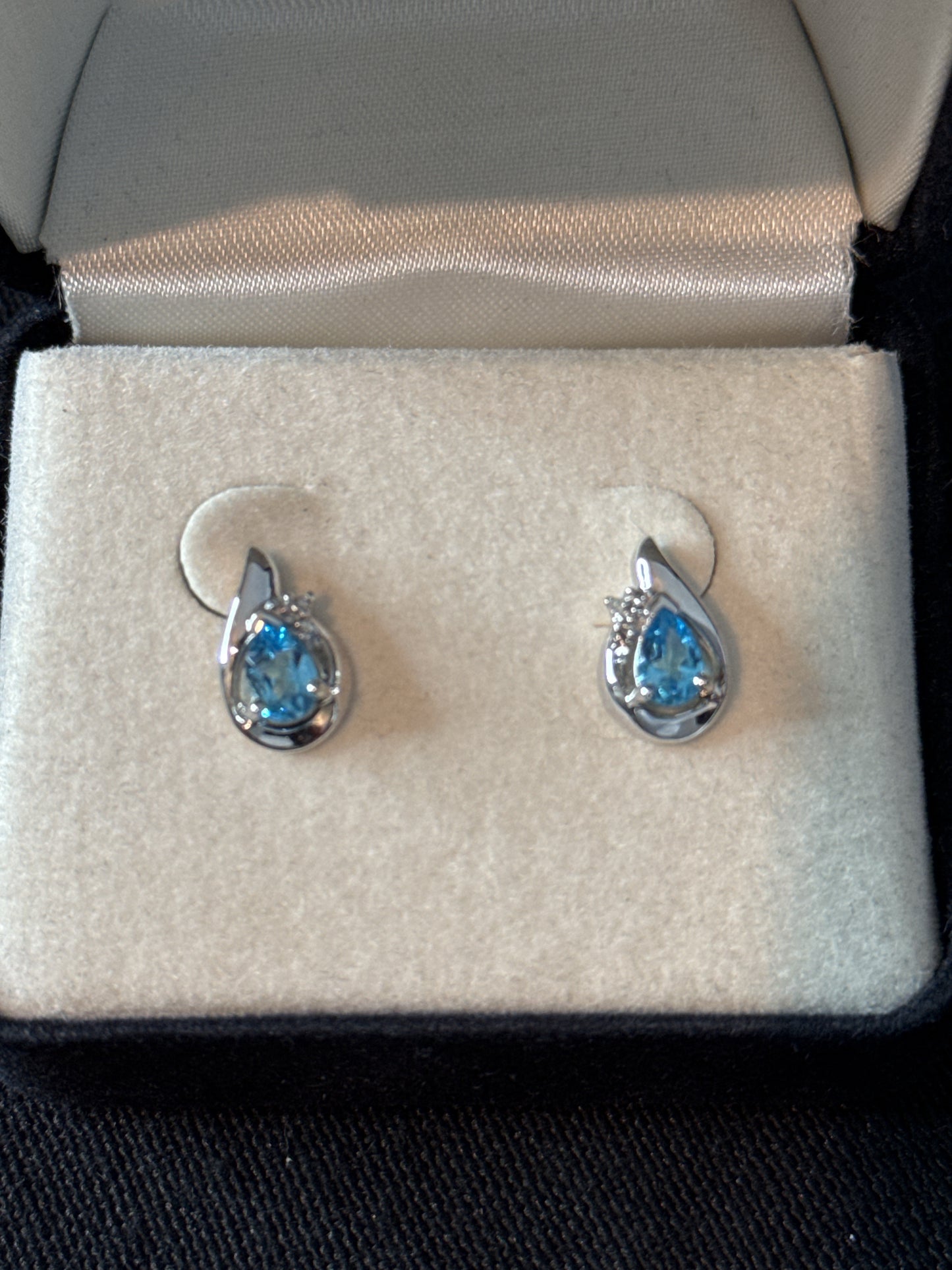 Vintage THL Samuel Aaron 10KT WG Pear Blue Topaz w/ Diamond Accents Earrings