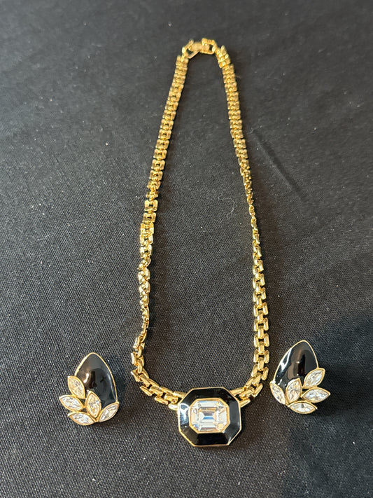 Trifari Black Enamel Crystal Gold Tone Necklace and Earrings Costume Jewelry