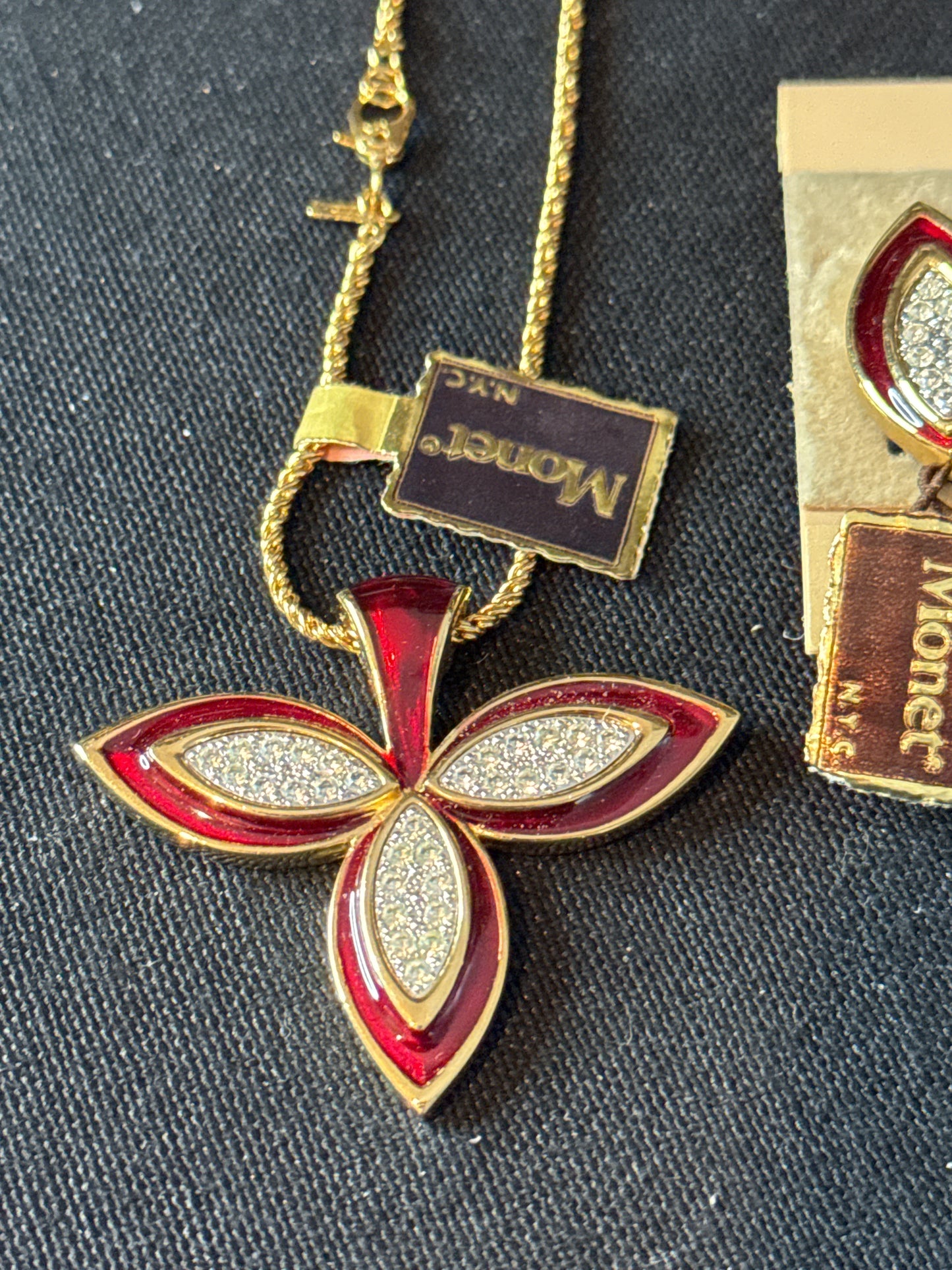 Vintage Signed Monet Goldtone Red Enamel Rhinestones Necklace and Earrings Non Pierced