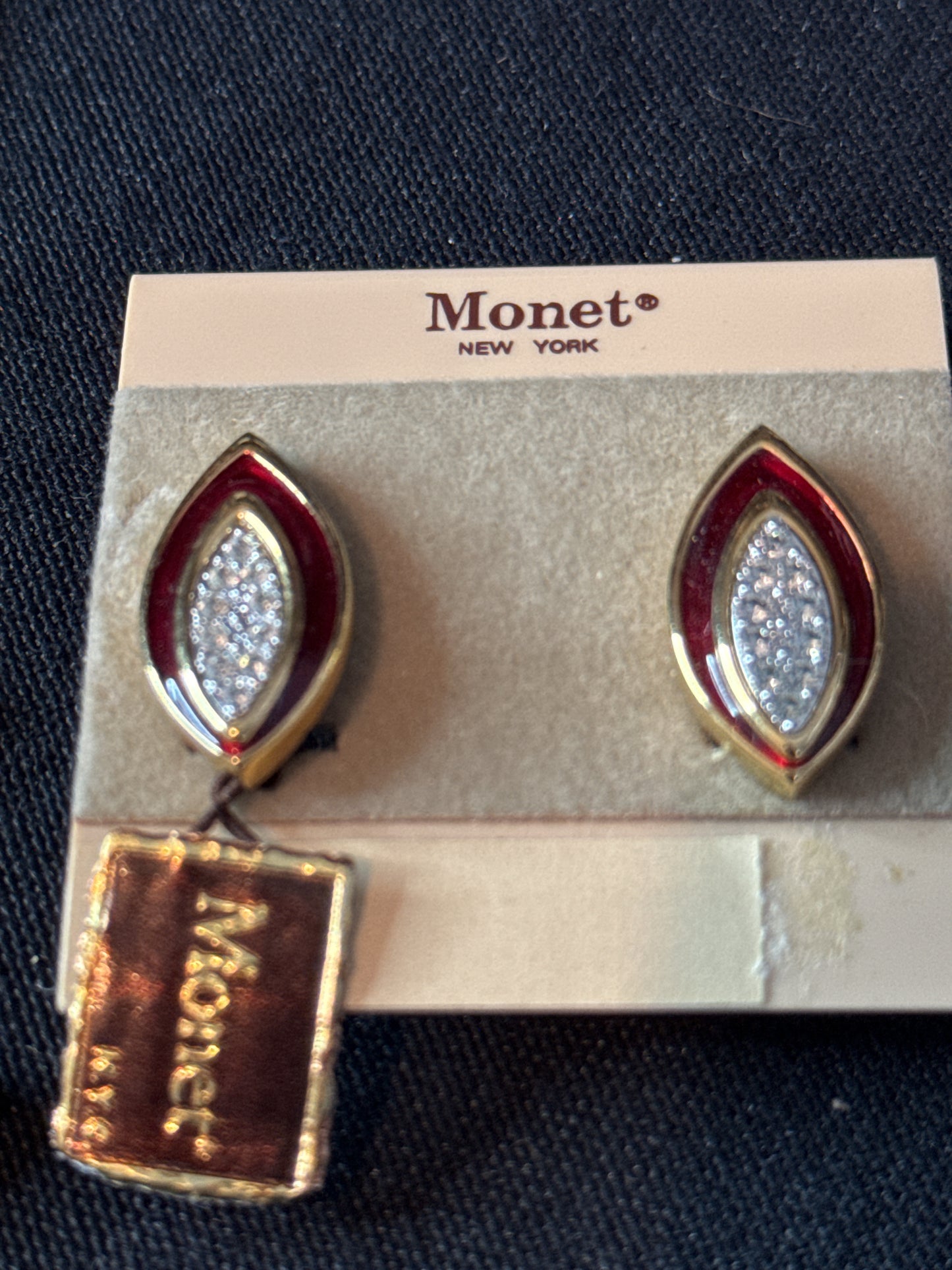 Vintage Signed Monet Goldtone Red Enamel Rhinestones Necklace and Earrings Non Pierced