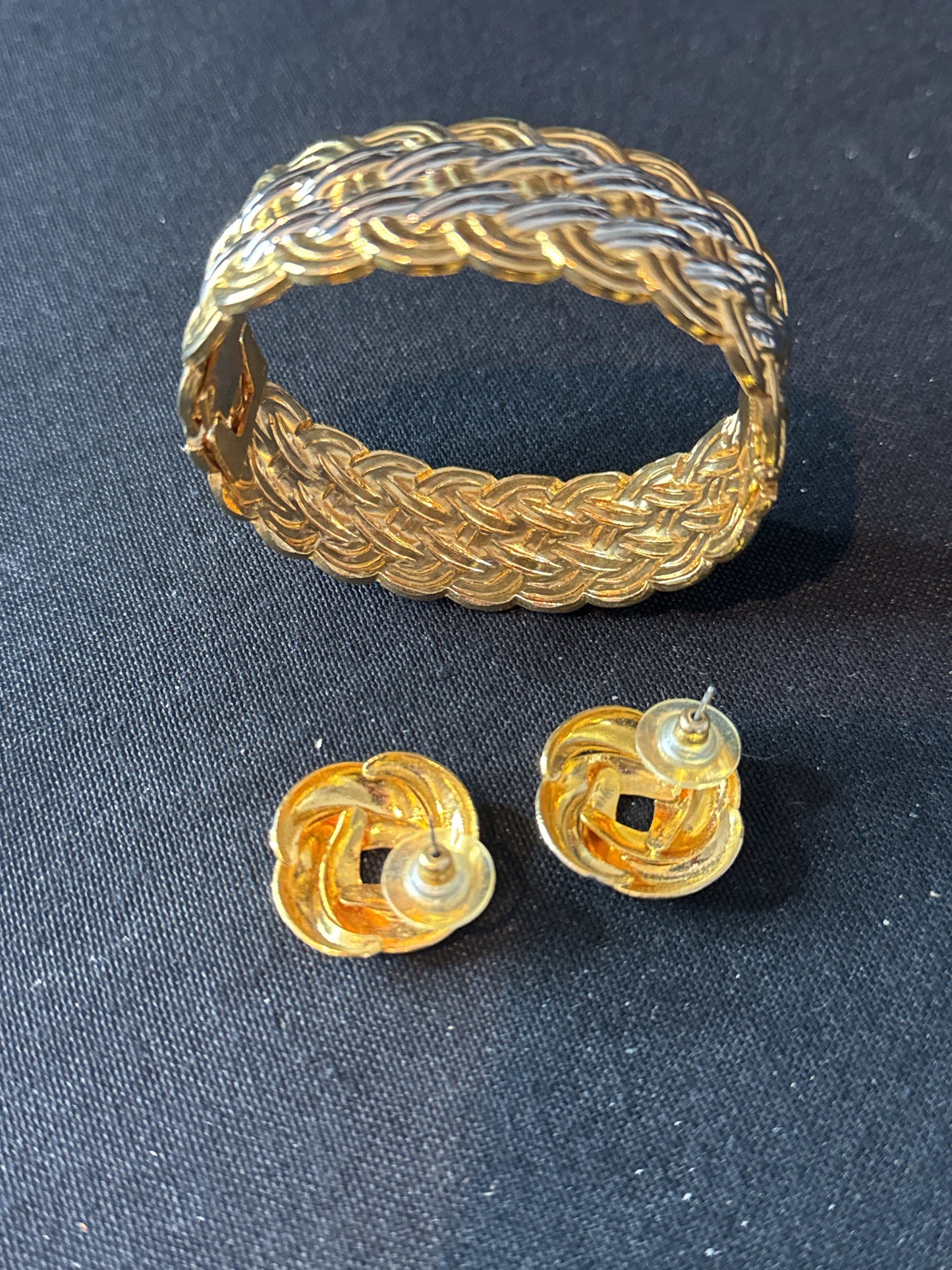 Vintage Gold and Silver Toned Hinged Bangle Bracelet w/ Braided Design and Earrings