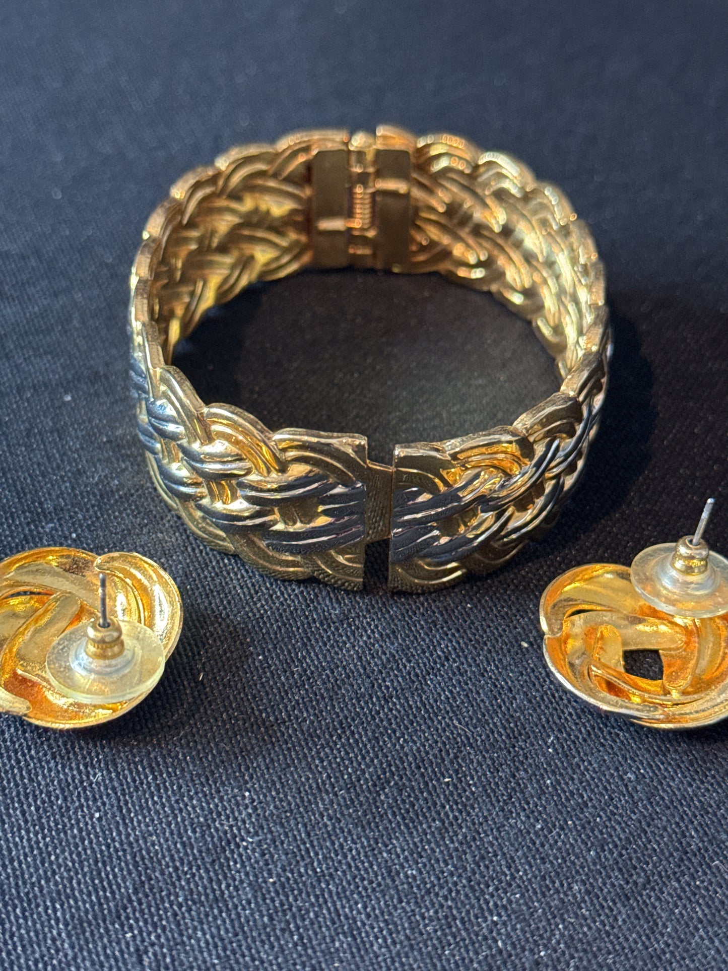 Vintage Gold and Silver Toned Hinged Bangle Bracelet w/ Braided Design and Earrings