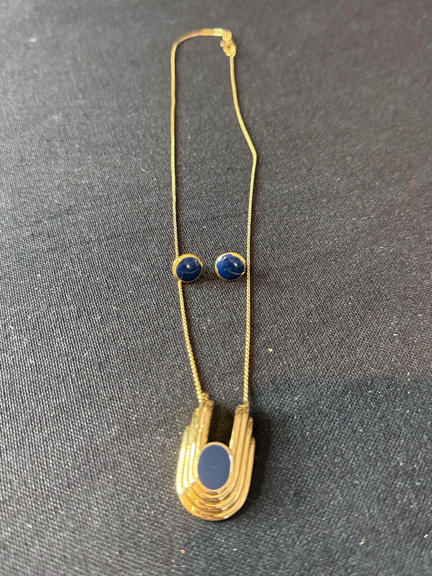 Vintage Monet Gold Tone Blue Enamel Pendant Necklace and Pierced Earrings