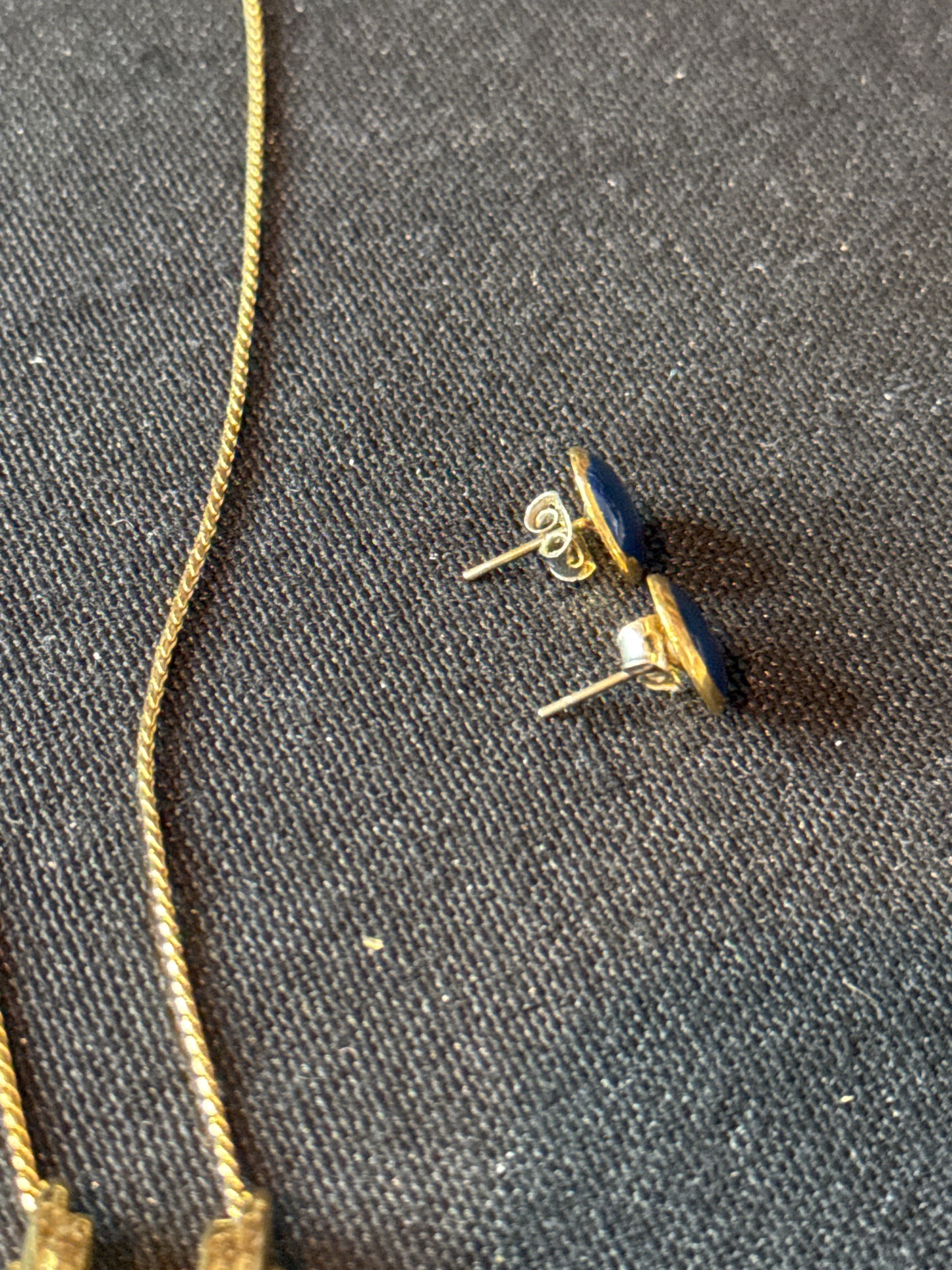 Vintage Monet Gold Tone Blue Enamel Pendant Necklace and Pierced Earrings