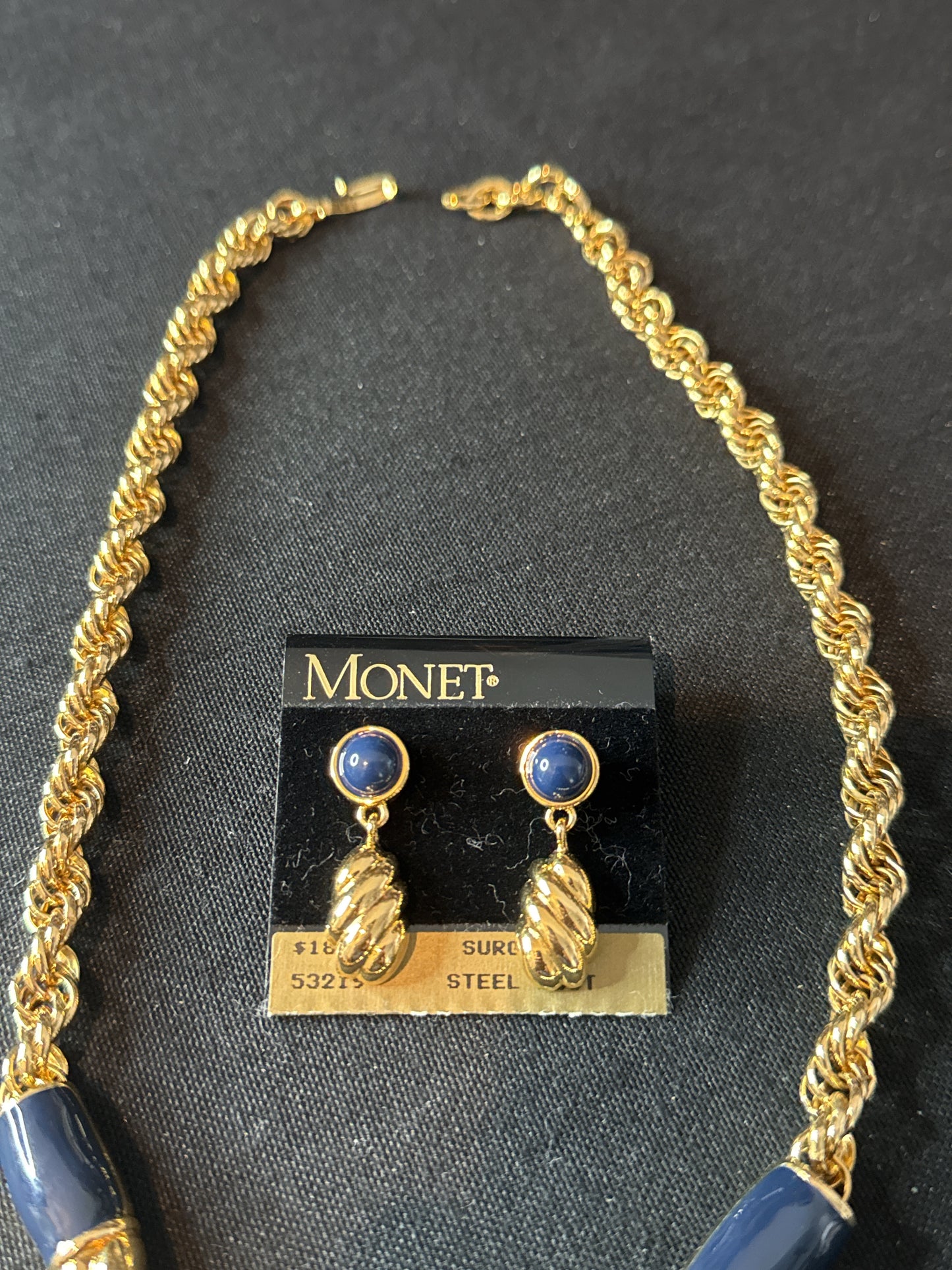 Monet Vintage Necklace V-Shape Rope Chain, Navy Blue Enamel & Earrings Surgical Steel Posts