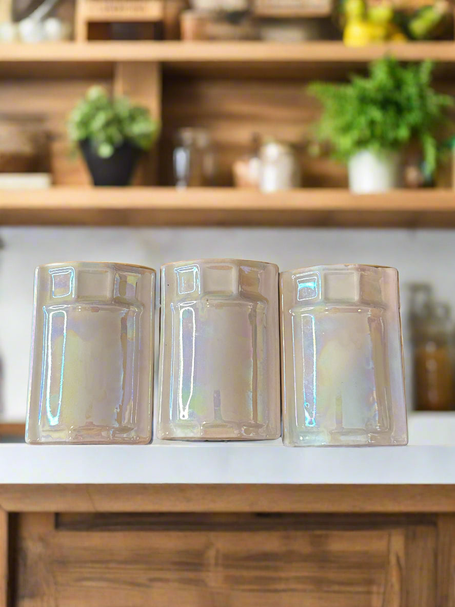 Antique Block German Pearl Lustreware Opalescent 3 Spice Canisters