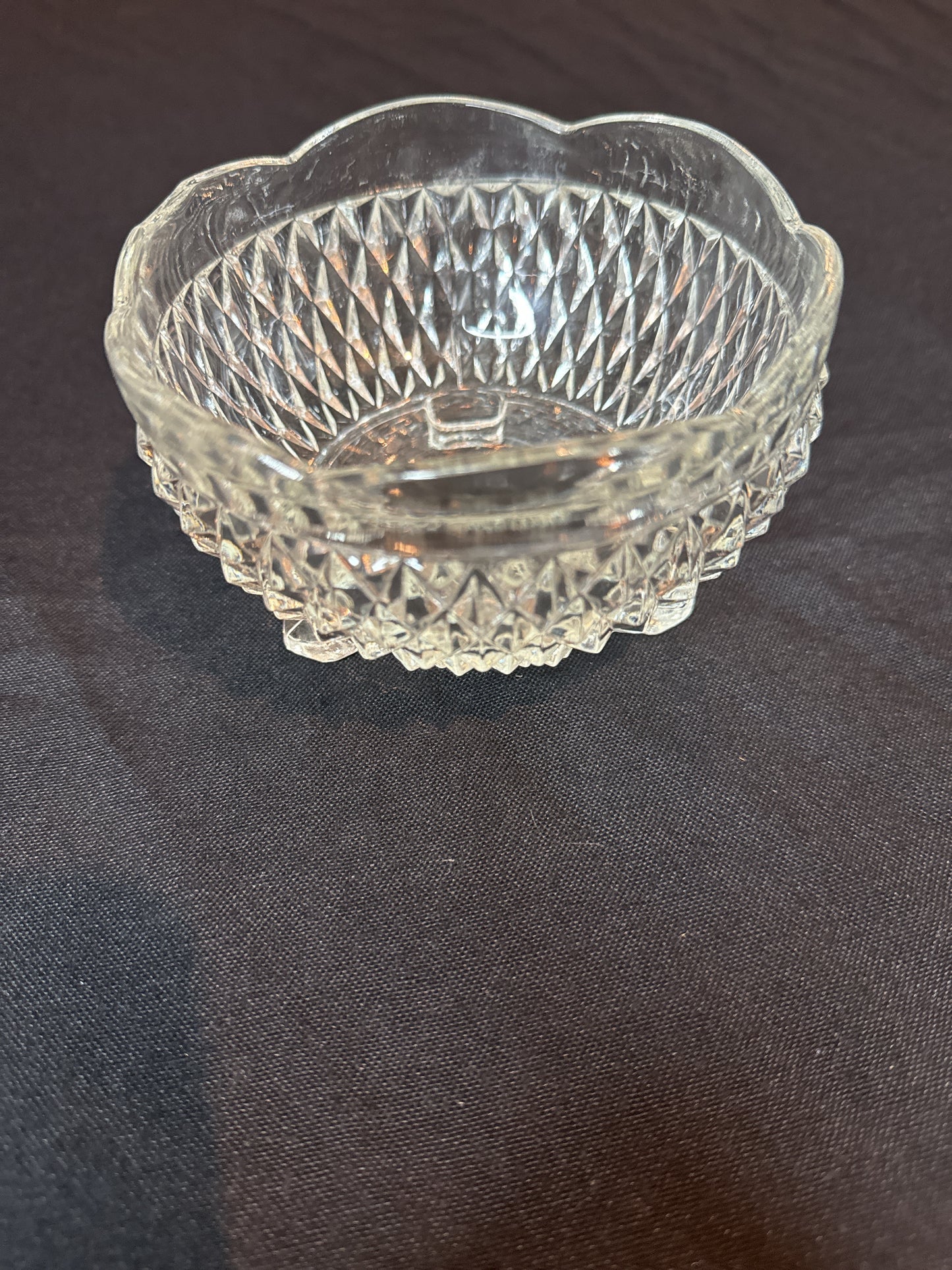 Indiana Glass Diamond Point Crystal 3 Toed Bowl 3.25" High, 5" Diameter Vintage