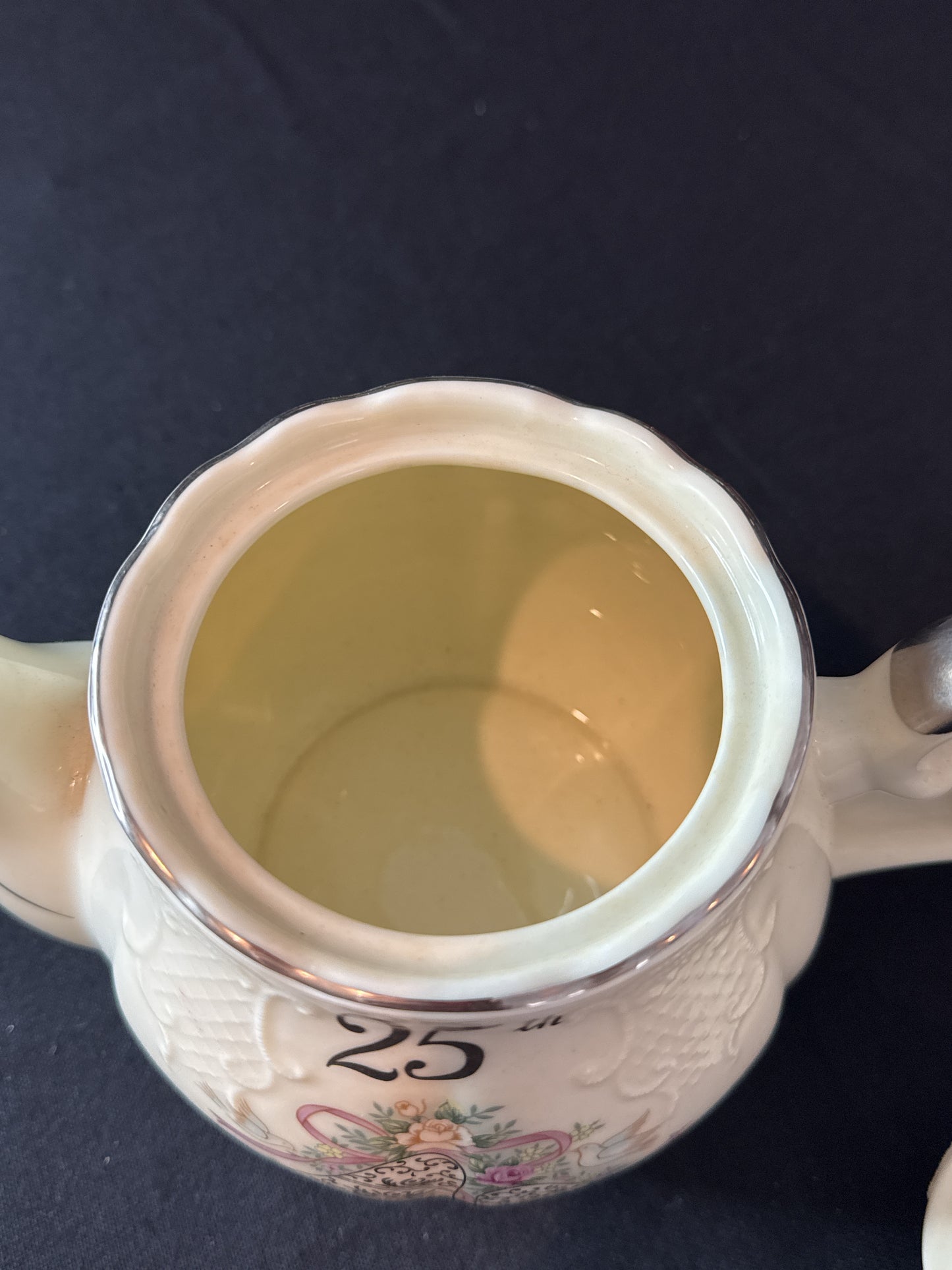 Lefton 25th Anniversary Teapot Bells Ribbons Flowers Embossed Pattern Never Used
