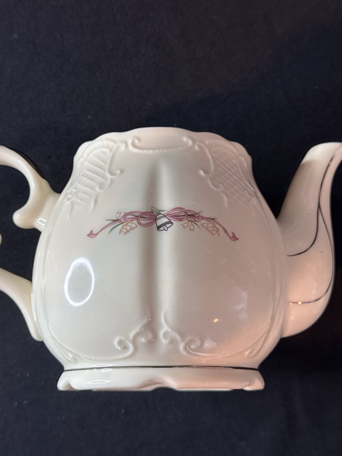 Lefton 25th Anniversary Teapot Bells Ribbons Flowers Embossed Pattern Never Used