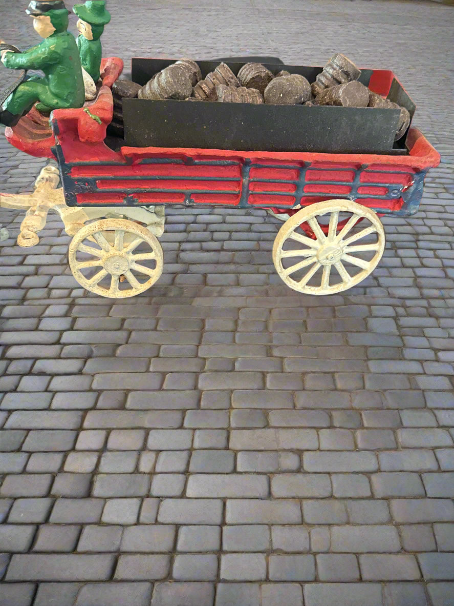 Vintage Highlander House Melrose Mass Cast Iron Red Wagon 2 Drivers, 1 Dog, 8 Horses