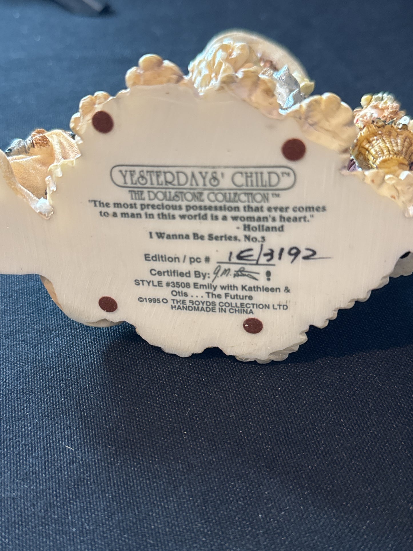 Boyds Yesterday's Child 1995 Dolostone #3508 Emily w/ Kathleen & Otis The Future w/ Box