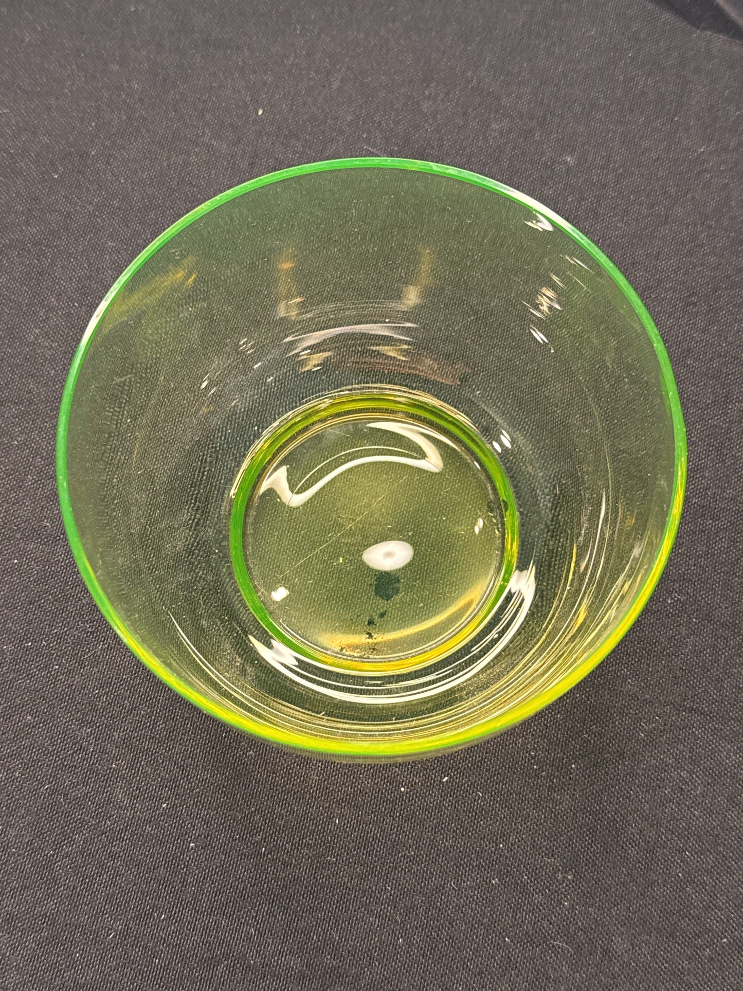 Vintage Green Vaseline Glass Footed Bowl 3" x 4.5" Excellent Condition Glows