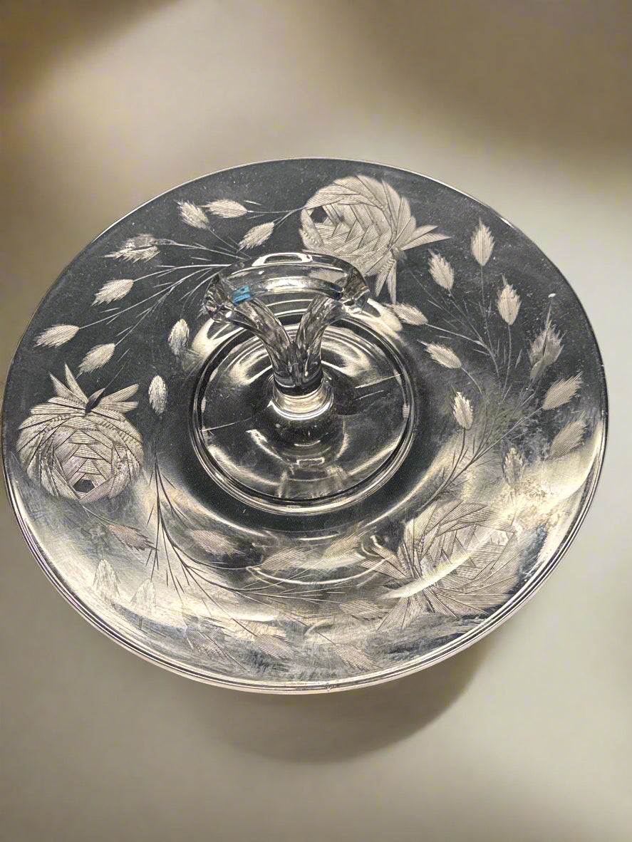Rose Etched Center Handle Glass Platter 10.25" Wide