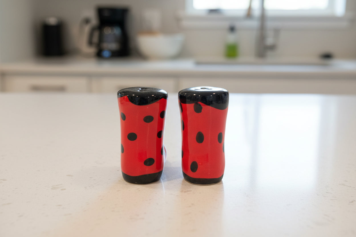 Red & Black Ladybug Themed Boots Salt & Pepper Shakers New