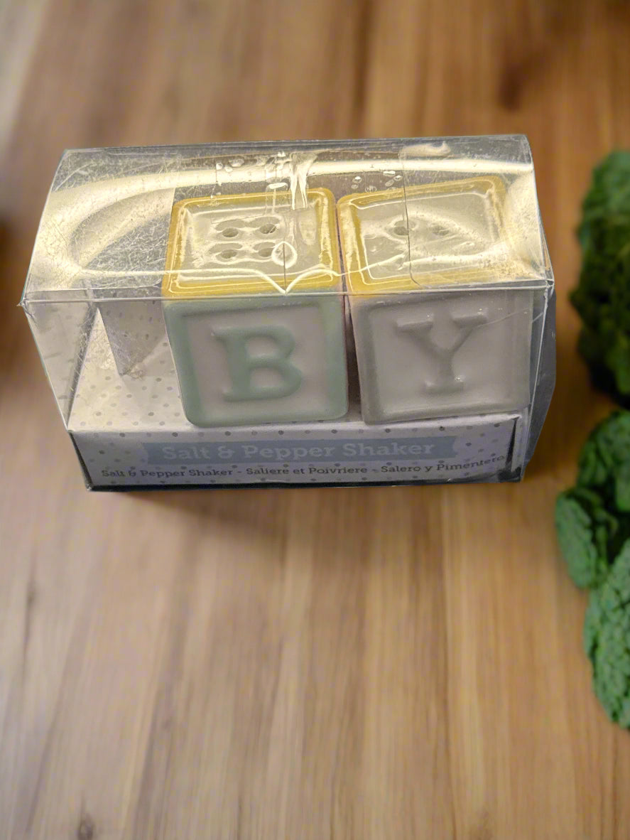 Baby Block Salt & Pepper Shakers Porcelain Alphabet Blocks 1.5" Tall New in Box