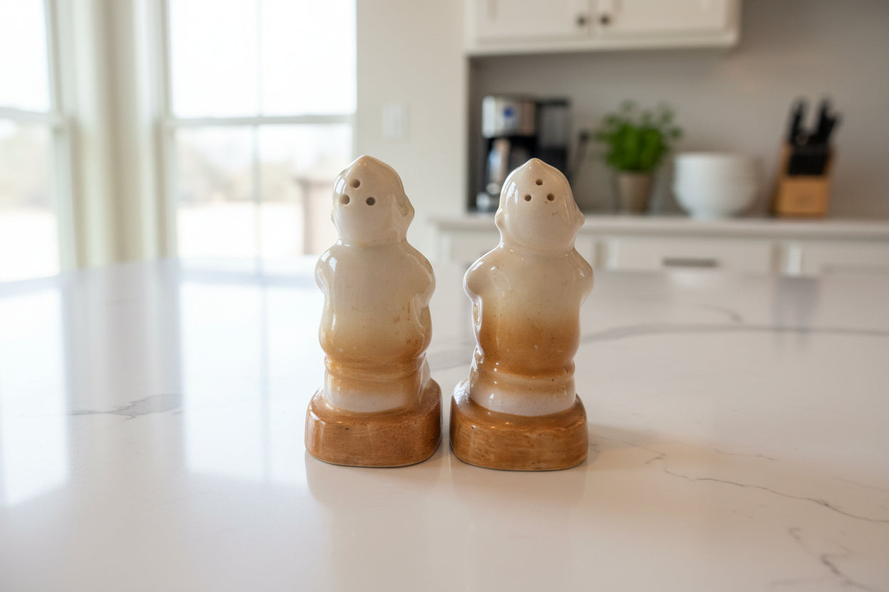 Antique BillyCan & BillyCan't Salt & Pepper Shakers Japan Red Letters Toilet Humor