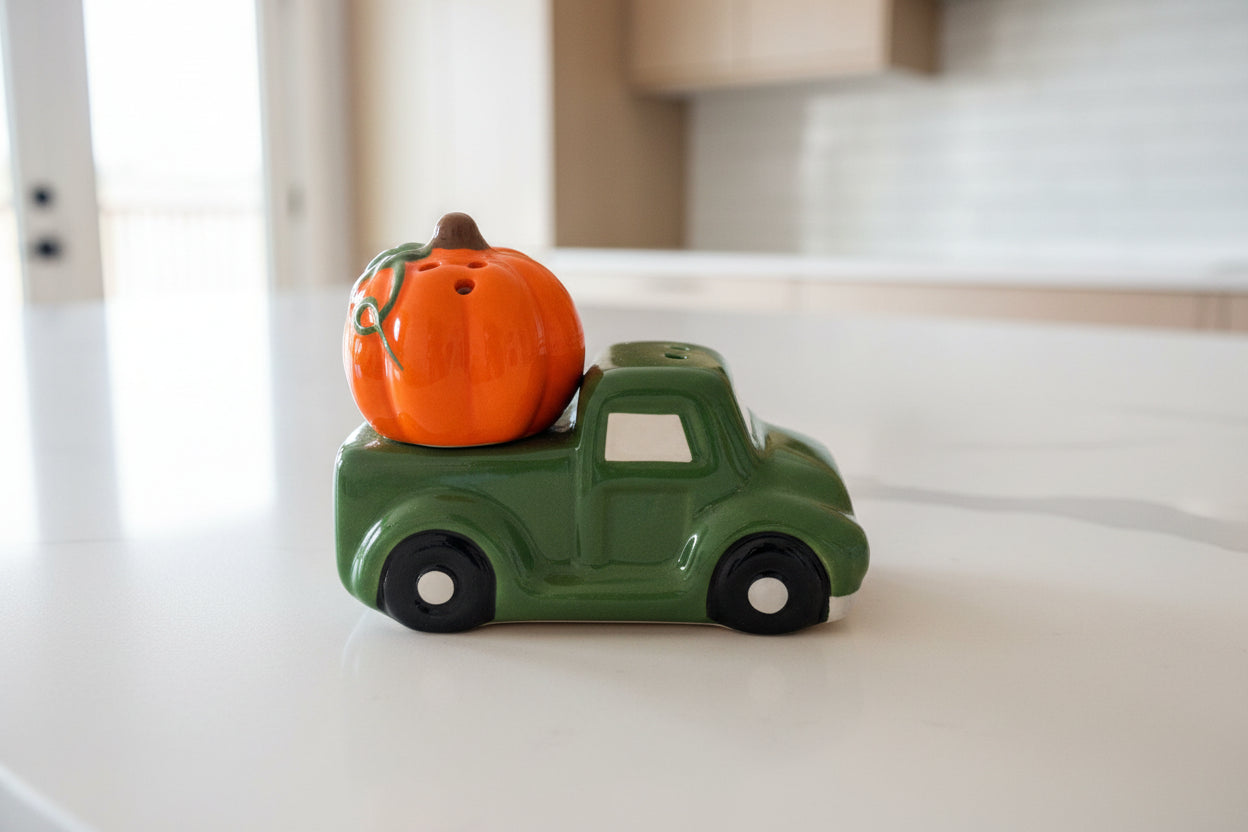 Green Truck & Pumpkin Salt & Pepper Shakers New. Excellent Condition. 2.5" Tall Stacked