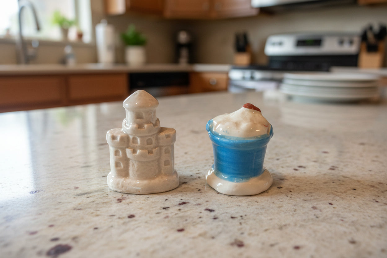Sandcastle & Pail of Sand Salt & Pepper Shakers New 2.5" Tall Excellent Condition
