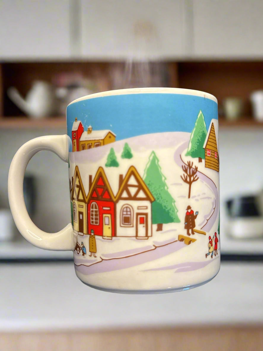 Vintage Festive Winter Scene Ceramic Coffee Mug Cup 12oz 3.75" Tall