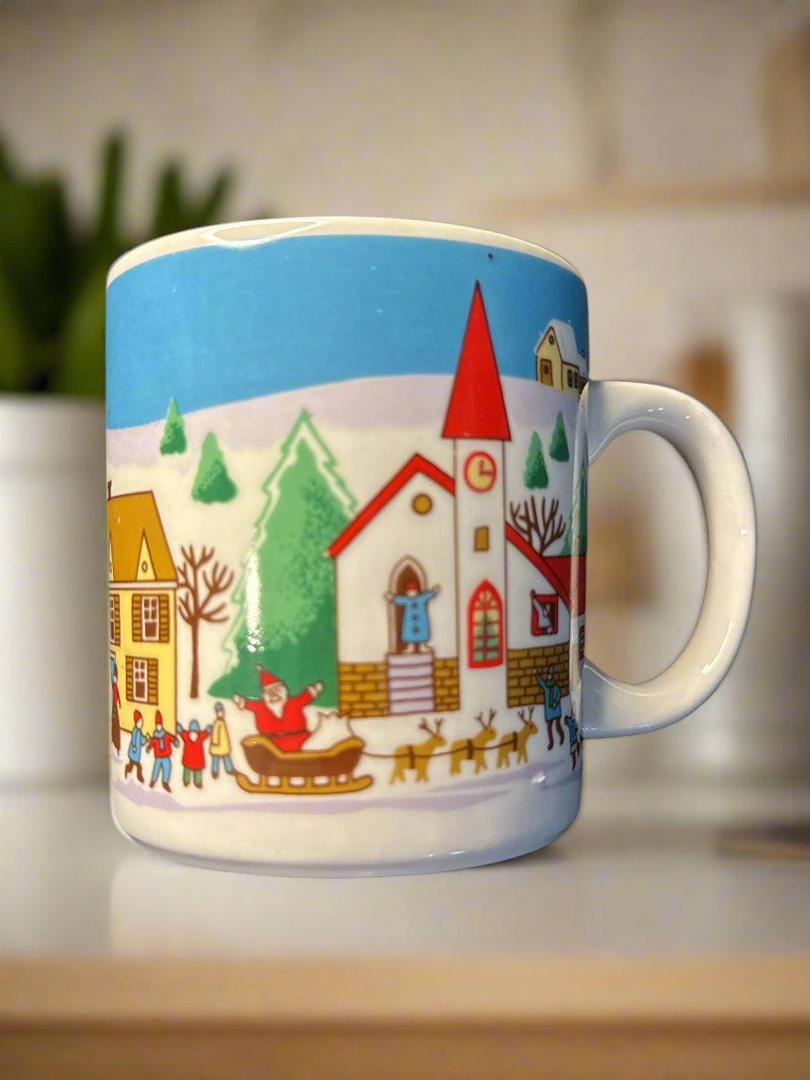 Vintage Festive Winter Scene Ceramic Coffee Mug Cup 12oz 3.75" Tall