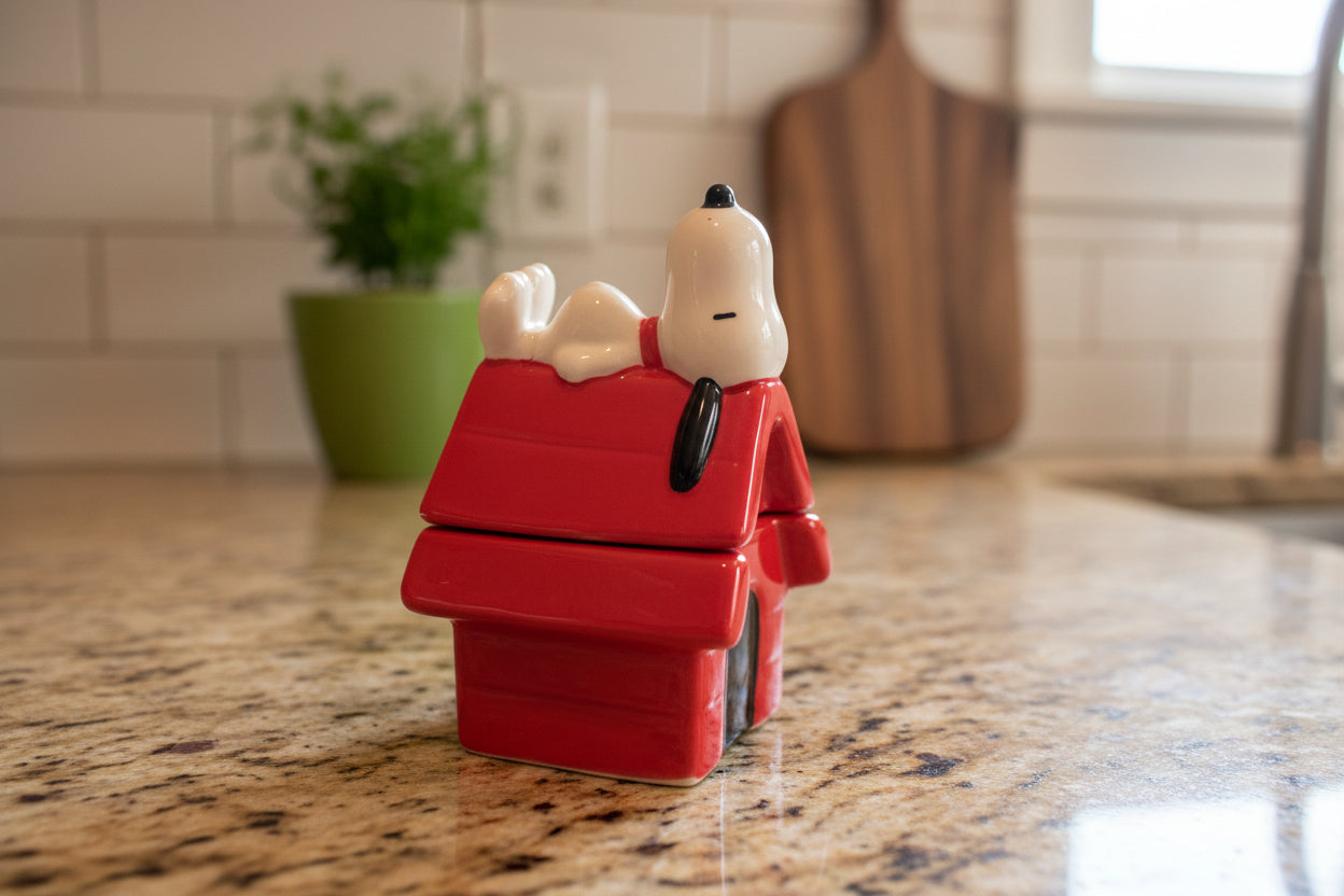 Snoopy Sleeping On Doghouse Salt & Pepper Shakers New Excellent Condition 4.5" Tall