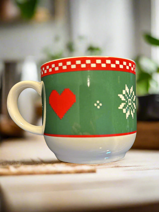 CI Moore 1992 Northwoods Christmas Reindeer Hearts Green Coffee Cup Mug 8oz 3 1/8" Tall