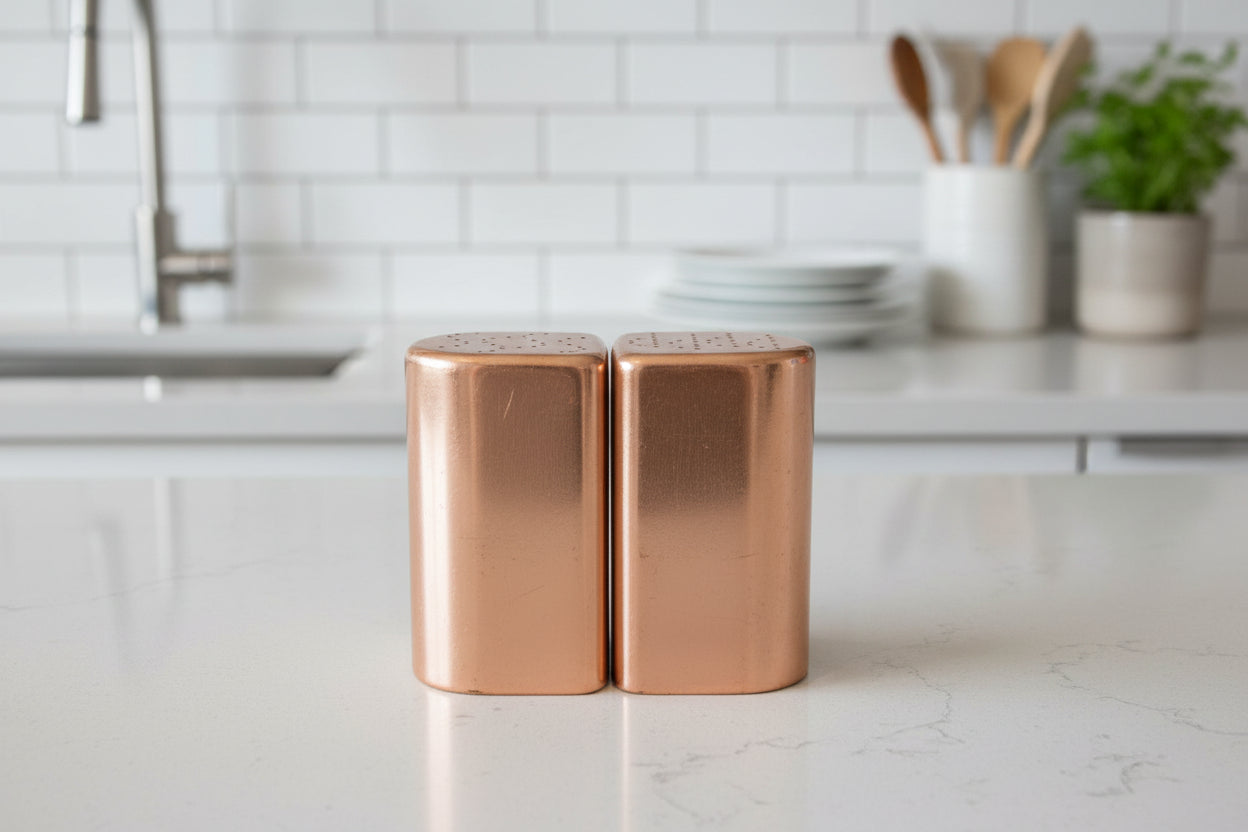 Vintage 1950s MCM Atomic Coppertone Aluminum Salt & Pepper Shakers 3.25" Tall