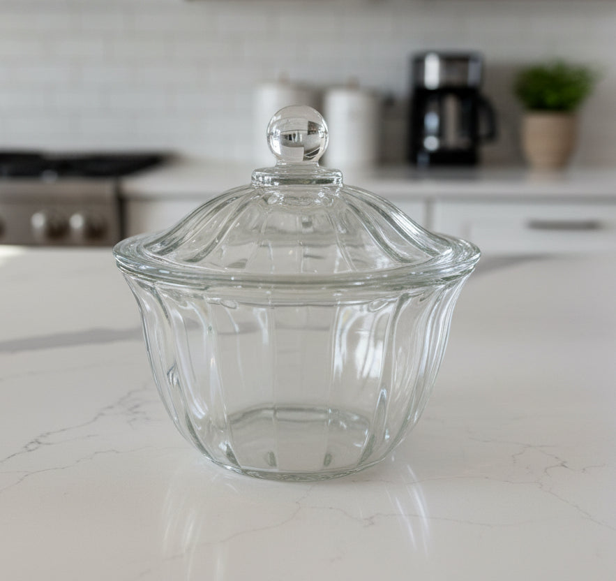 Clear Glass Candy Dish Ribbed Sides Ball Knob Lid Unknown Make 5.5" Tall