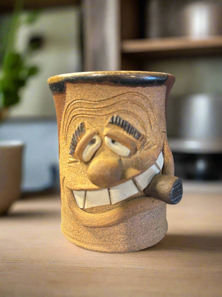 Vintage Art Pottery Brown Glaze Ugly Man's Face and Cigar Signed Charl 4.25" Tall