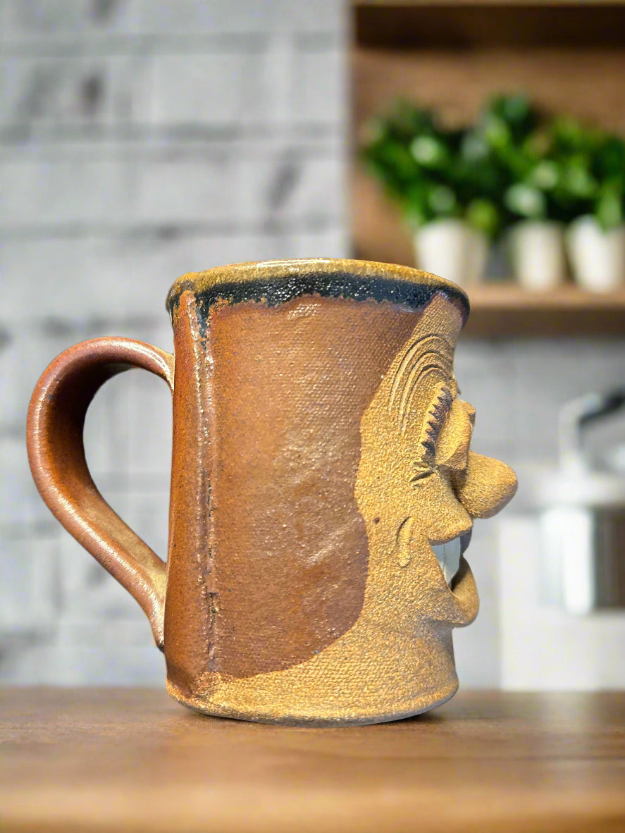 Vintage Art Pottery Brown Glaze Ugly Man's Face and Cigar Signed Charl 4.25" Tall