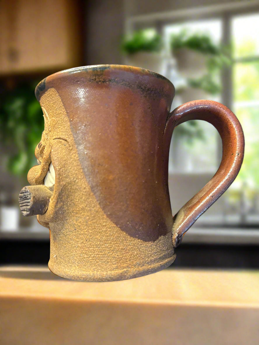 Vintage Art Pottery Brown Glaze Ugly Man's Face and Cigar Signed Charl 4.25" Tall