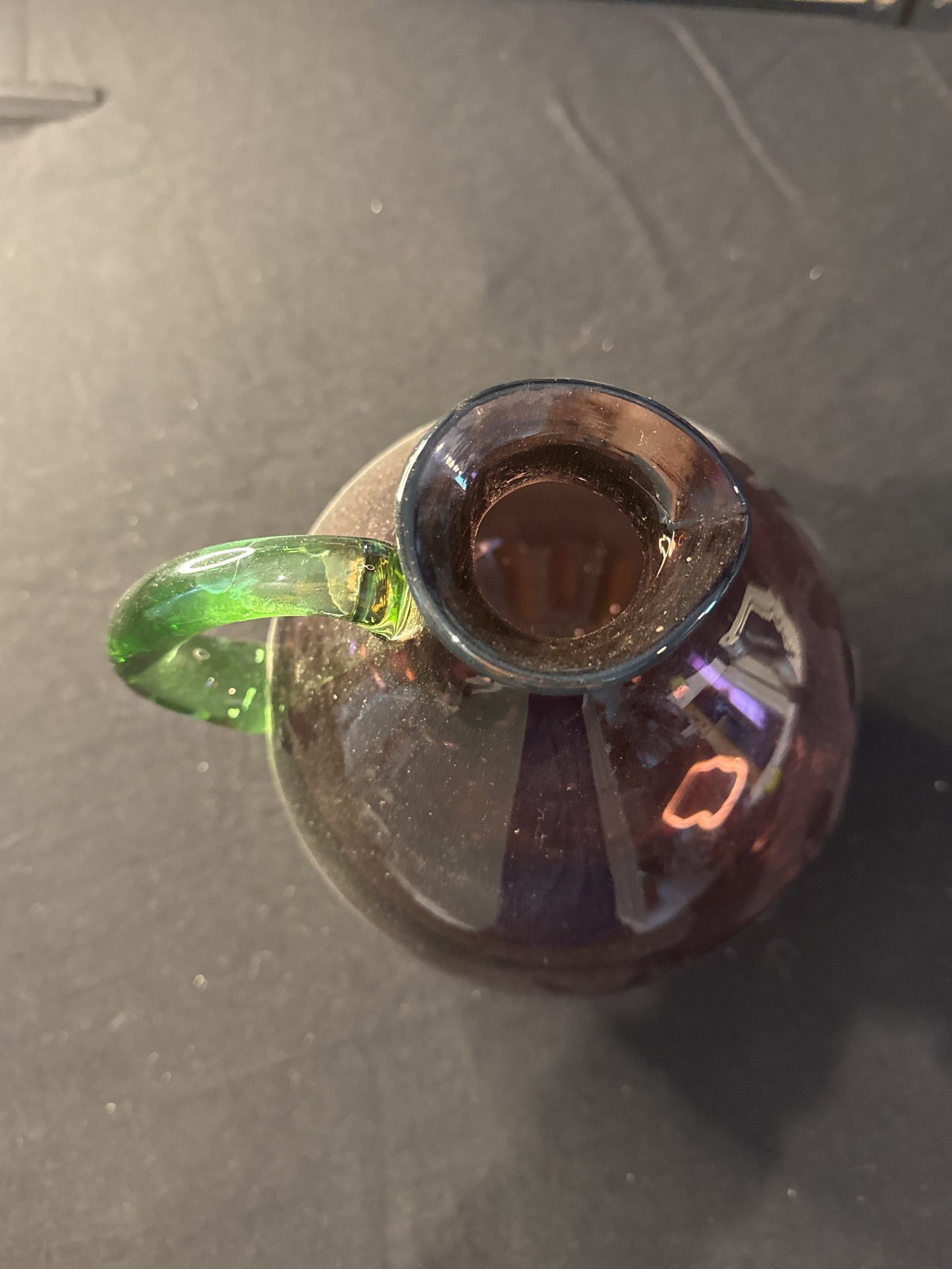 Art Glass Purple Amethyst Hand Blown Bulb Pitcher Applied Green Handle 9.5" Tall