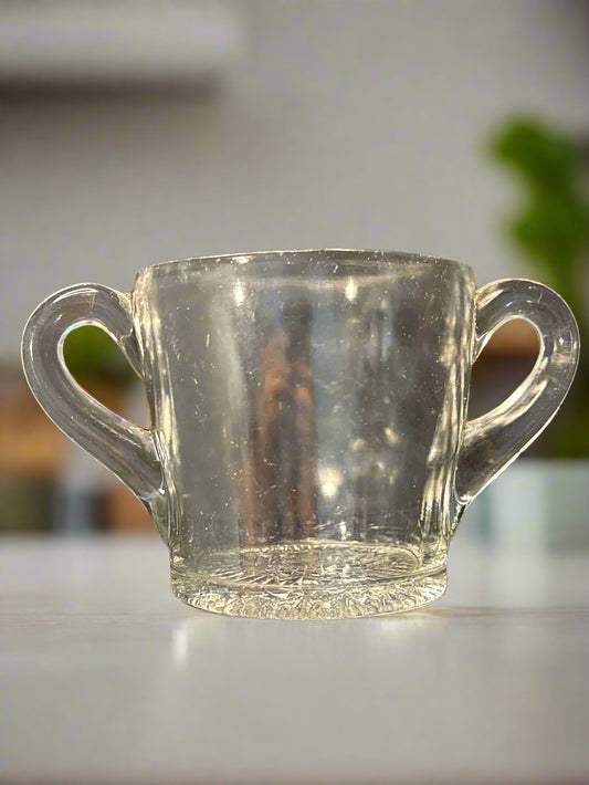 Clear Depression Glass Sugar Dish Sunburst Design Double Handled Glassware 4 1/8" Tall