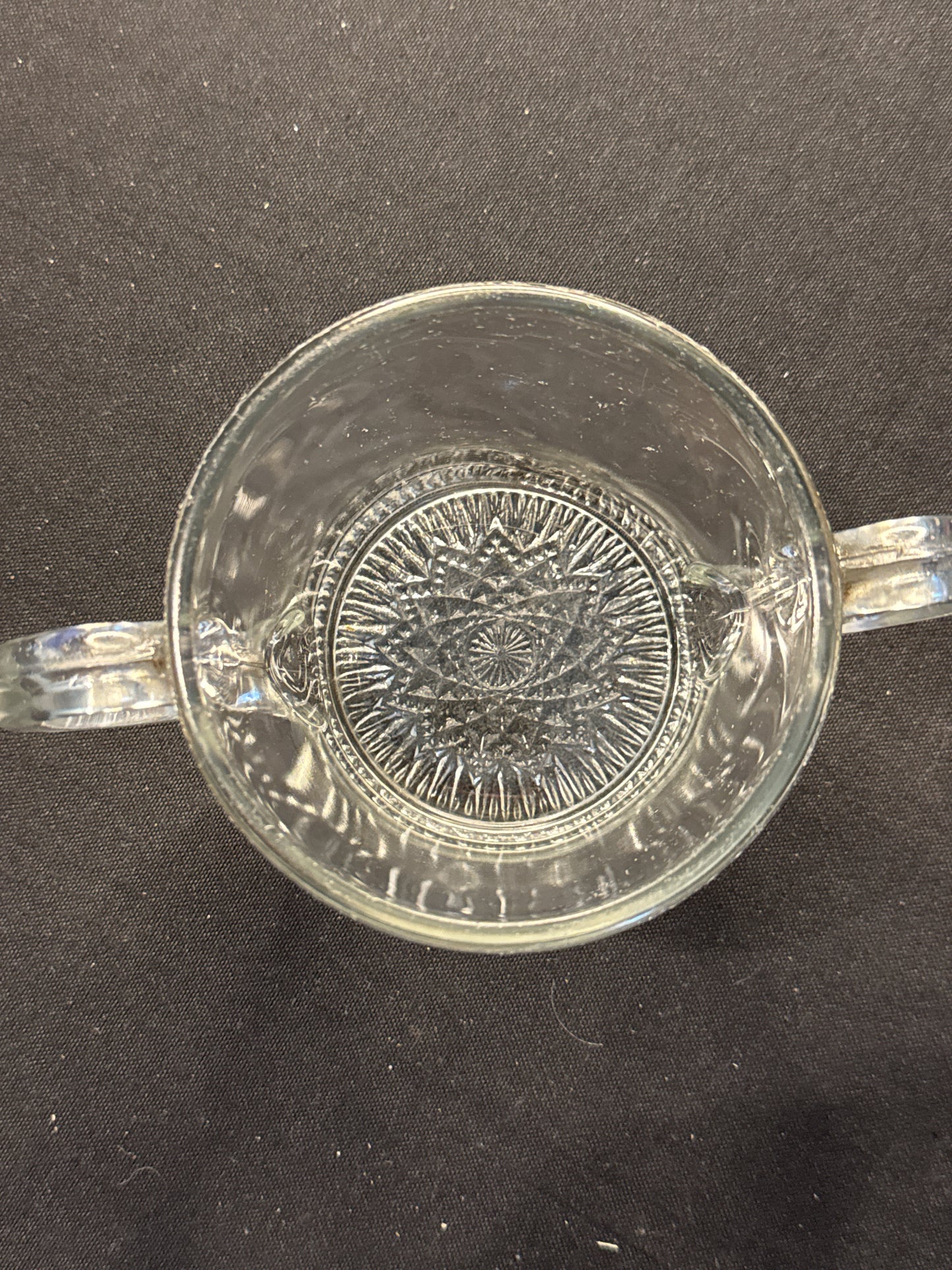 Clear Depression Glass Sugar Dish Sunburst Design Double Handled Glassware 4 1/8" Tall