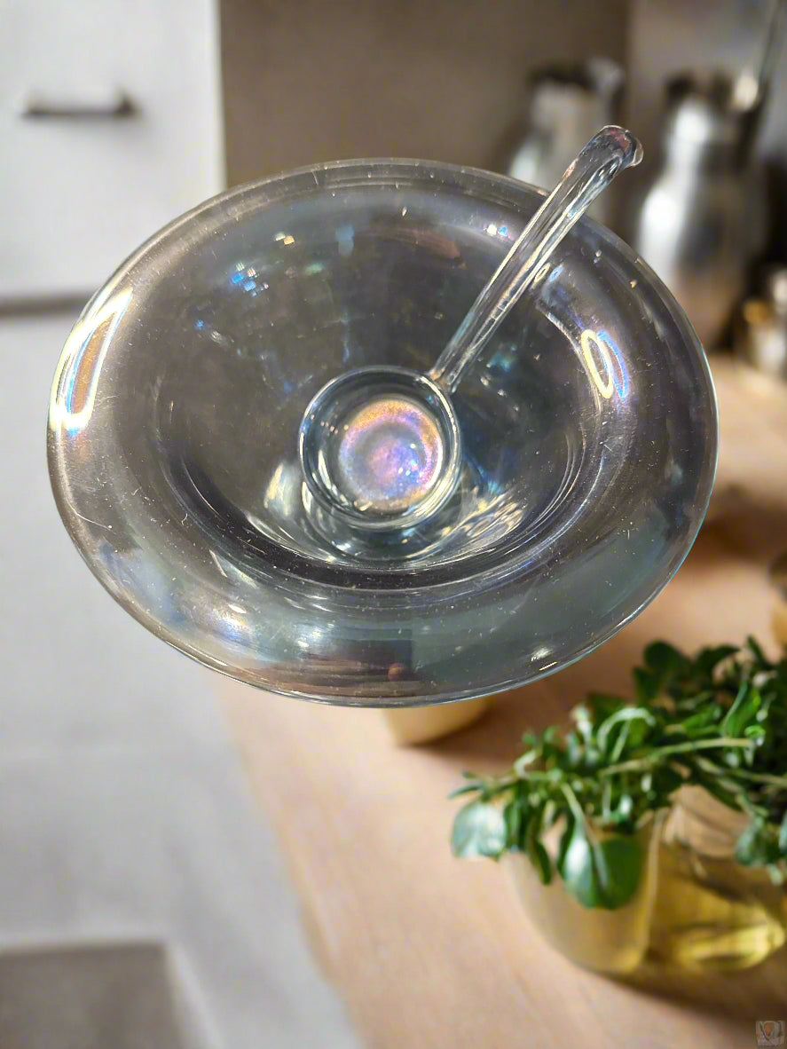 Pedestal Bowl Iridescent Celeste Blue Stretch Glass Condiment Bowl with Glass Spoon