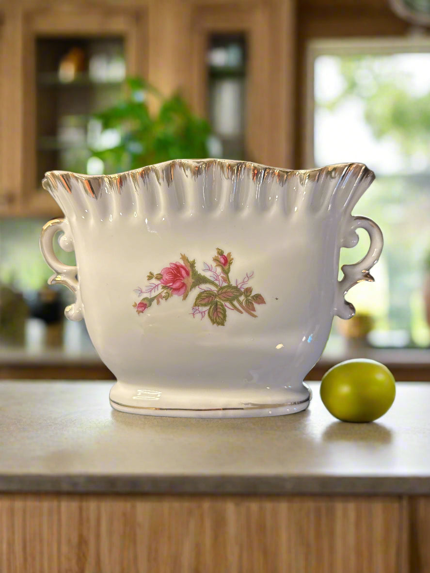 Vintage Tilso Japan Porcelain Moss Rose Vase w/ Handpainted Gold Trim 4.5" Tall x 7" Wide