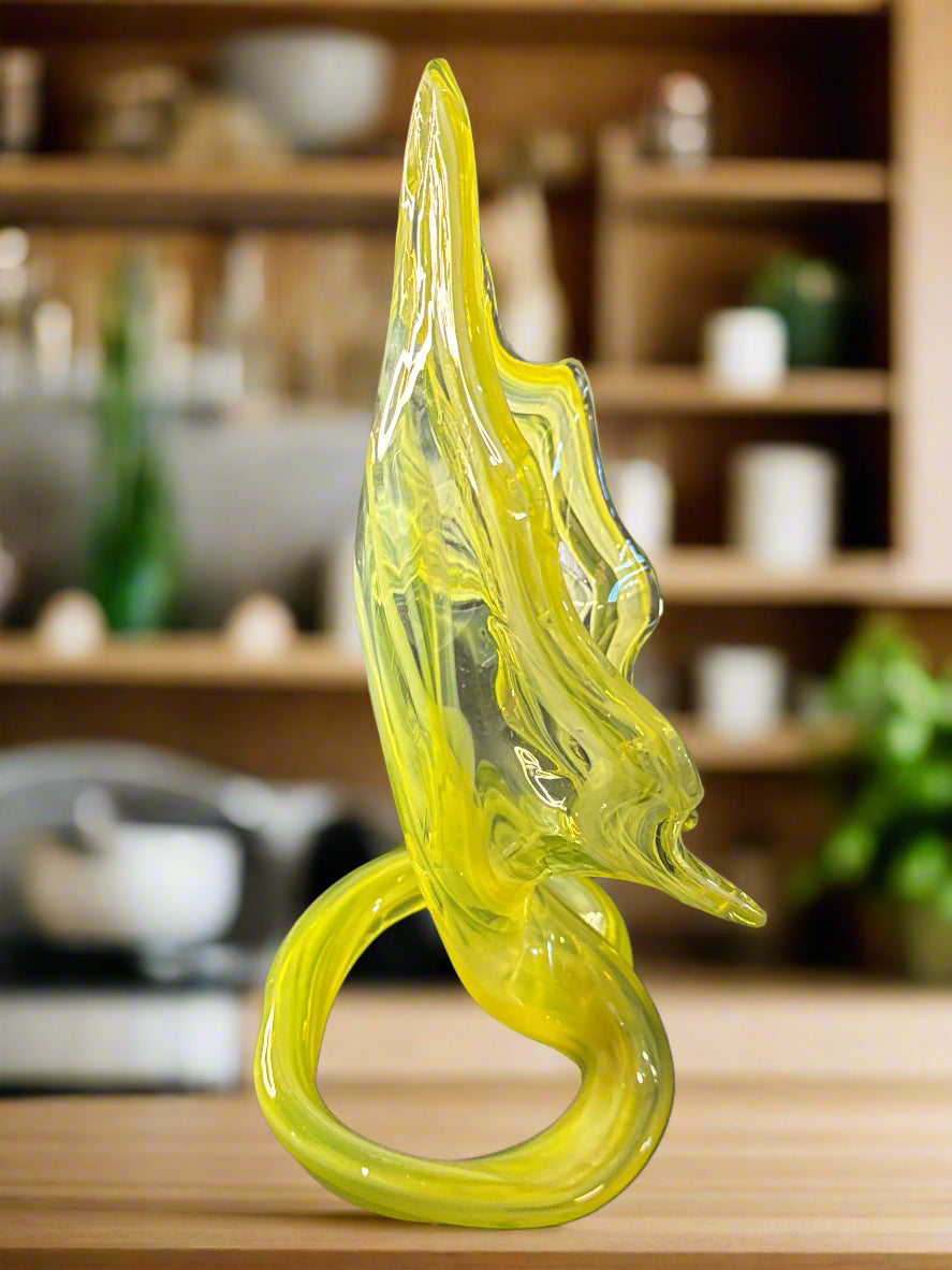 Vintage Yellow Swirl Hand Blown Art Glass Sculpture Vase 14" Tall x 8.75" Wide