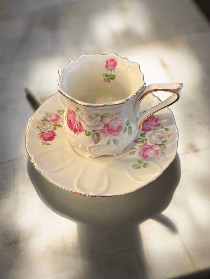 Roses Raised Teacup & Saucer A Special Place China Vintage Cream and Pink 2.75"