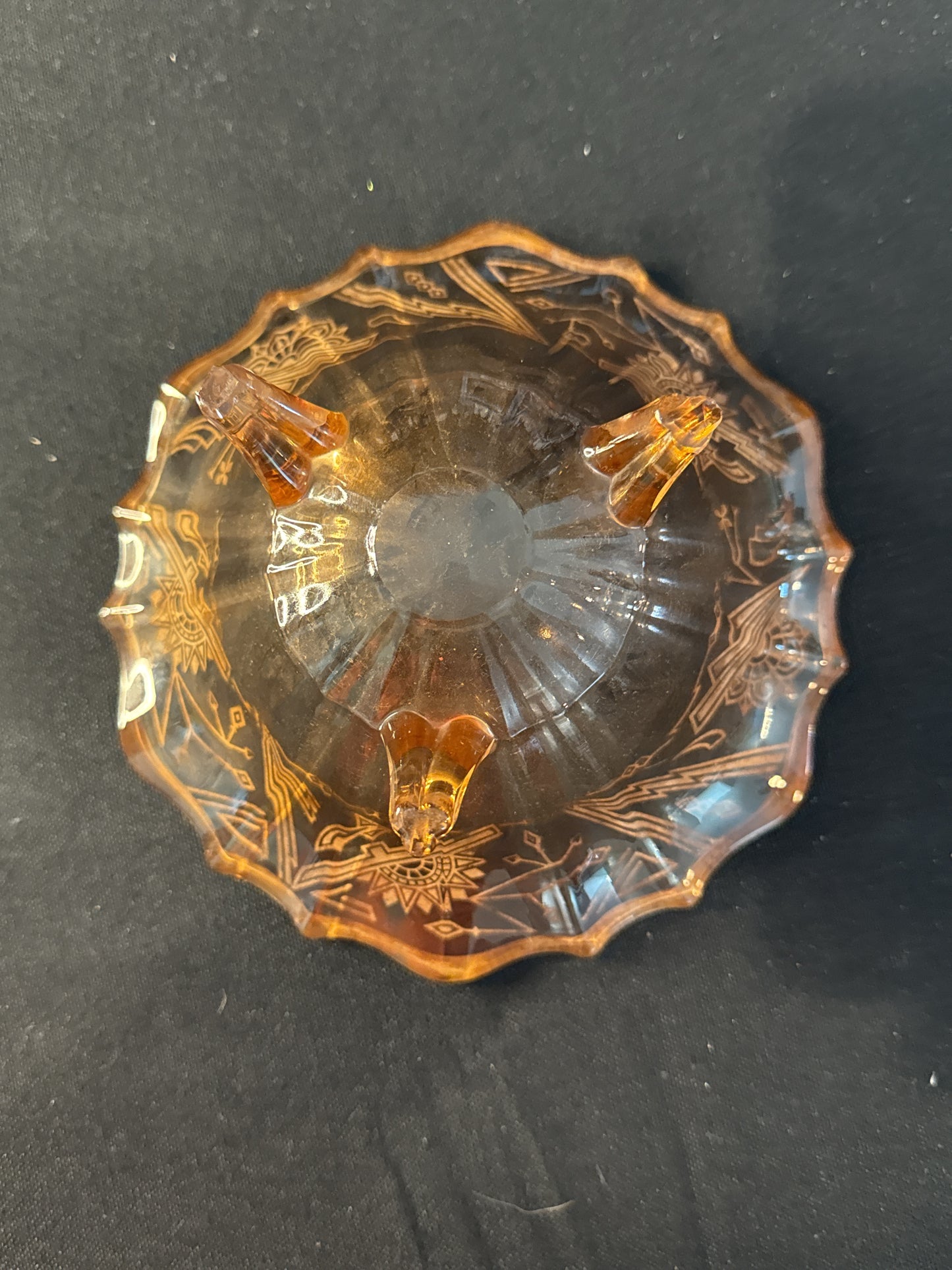 Vintage Three Footed Amber Glass Bowl with Sterling Silver Inlay Designs 6" Wide x 2.25" T