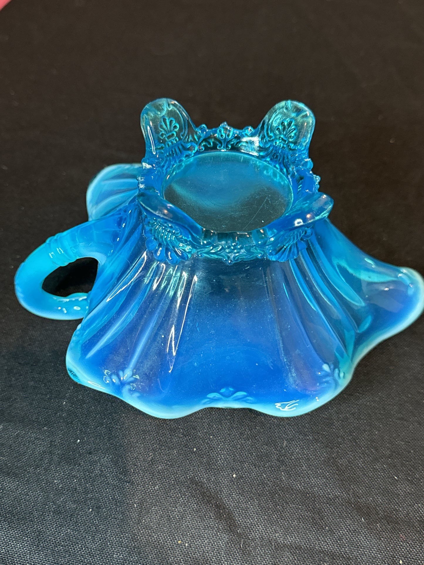 Antique EAPG Blue Opalescent Patterned Glass Footed With Handle Sauce Dish 5" X 4" Tall