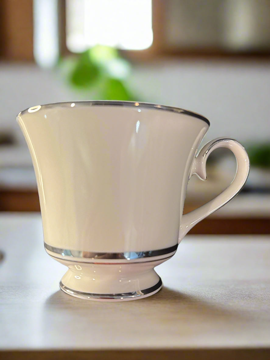 Carico Reflection Pattern Footed Coffee/Tea Cup & Saucer Platinum Band 3" Tall
